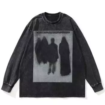 Футболка Streetwear Shadows Graphic Washed Black, хлопковая, унисекс, большие размеры, длинные рукава, футболка S чёрный
