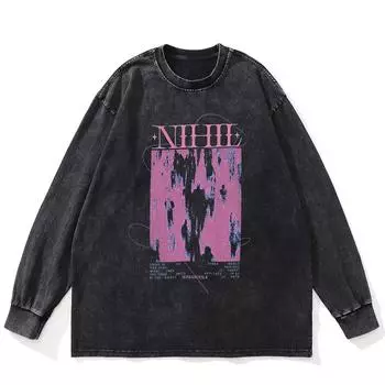 Футболка Streetwear Shadows Graphic Washed Black, хлопковая, унисекс, большие размеры, длинные рукава, футболка S чёрный