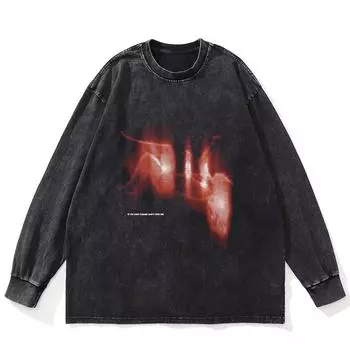 Футболка Streetwear Shadows Graphic Washed Black, хлопковая, унисекс, большие размеры, длинные рукава, футболка S чёрный
