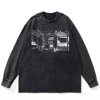 Футболка Streetwear Street View Graphic Washed Black, хлопковая, унисекс, большие размеры, длинные рукава, футболка S чёрный