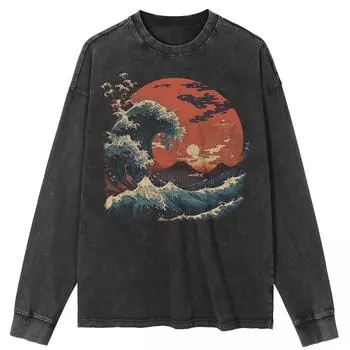 Футболка Streetwear Waves Graphic Washed Black, хлопковая, унисекс, топы, футболки, футболки больших размеров, длинная футболка S чёрный