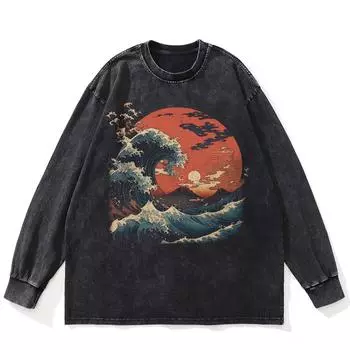 Футболка Streetwear Waves Graphic Washed Black, хлопковая, унисекс, большие размеры, длинные рукава, футболка S чёрный