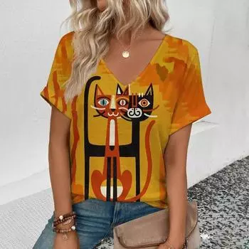 Футболка Summer Funny Cats 3D Print, женская уличная одежда, повседневные футболки, топы Y2k, женские футболки Harajuku с V-образным вырезом, свободная одежда S