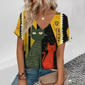 Футболка Summer Funny Cats 3D Print, женская уличная одежда, повседневные футболки, топы Y2k, женские футболки Harajuku с V-образным вырезом, свободная одежда S
