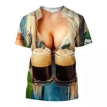 Футболка Summer Man Street Personality Pop Hip Hop Funny Beer Beauty Fun с круглым вырезом и 3D-принтом, свободная, дышащая, с коротким рукавом S белый