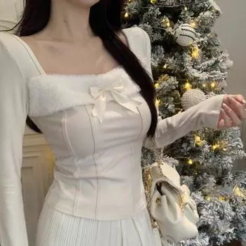 Футболка Sweet Spice Girl с квадратным вырезом и бантом из бархата с длинными рукавами, облегающая, теплая, с принтом «рыбьей кости», для женщин на осень-зиму S детские порошок