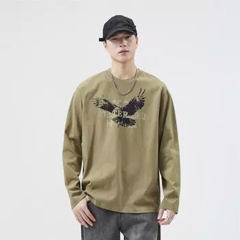 Футболка-свитер с длинными рукавами из хлопка, мужская, весна-осень, свободная, большого размера, с круглым вырезом, с модным фирменным принтом, повседневная, внутренняя нижняя рубашка M бежевый