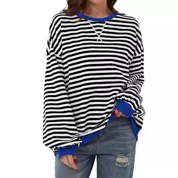 Футболка свободного и простого повседневного дизайна в полоску для осени и зимы S розовый