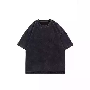 Футболка свободного кроя с короткими рукавами и винтажной стиркой - Круглый вырез, Европейский и американский стиль, Летняя повседневная XXL чёрный