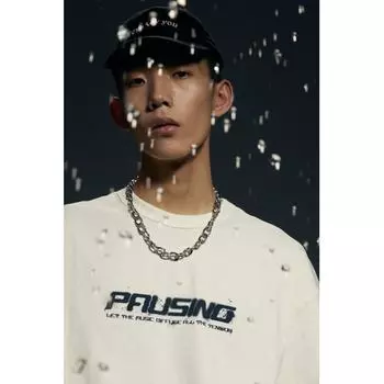 Футболка свободного кроя с принтом HM, белая с паузой