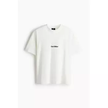 Футболка свободного покроя с принтом HM, белая, с изображением кошки M