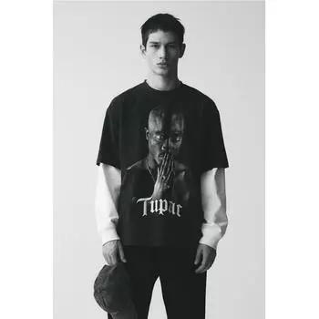 Футболка свободного кроя с принтом HM, черная, 2Pac