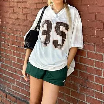 Футболка свободного кроя с V-образным вырезом и короткими рукавами в уличном стиле унисекс с цифровым принтом S белый