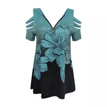 Футболка свободного кроя с V-образным вырезом и застежкой-молнией, с короткими рукавами, женская, с открытыми плечами XXXXL зелёный