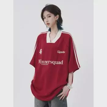 Футболка свободного кроя в стиле ретро-американской хип-хоп с V-образным вырезом и вышивкой - унисекс Double Extra Large