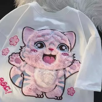 Футболка свободного покроя Guochao с милым тигром и флокированным принтом — унисекс, короткий рукав, нишевый дизайн, идеально подходит для пар XL белый