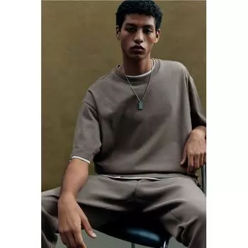 Футболка свободного покроя из хлопка HM, темно-бежевого цвета XS