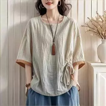 Футболка свободного покроя из хлопка и льна с круглым вырезом и пятью рукавами, весна-осень, свободная, темпераментная, повседневная L абрикосовый