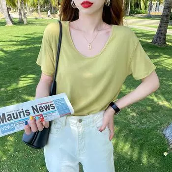 Футболка свободного покроя из модального хлопка с короткими рукавами для женщин, новая футболка с V-образным вырезом, топ из ледяного шелка, летний зеленый, с коротким рукавом S