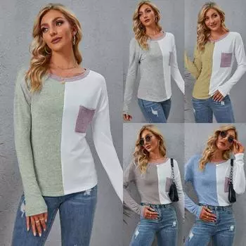 Футболка свободного покроя с длинными рукавами и круглым вырезом в стиле пэчворк на осень-зиму, свободные женские футболки S зелёный