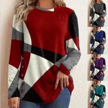 Футболка свободного покроя с геометрическим узором и длинными рукавами, женская, весна-осень, на пуговицах S зелёный
