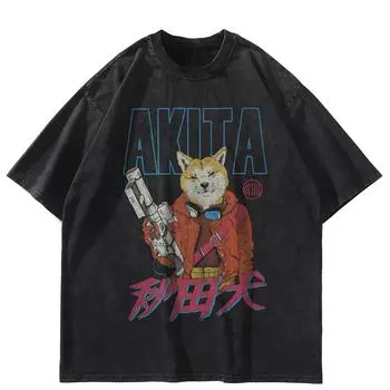 Футболка свободного покроя с принтом «Акита» черного цвета, хлопковая футболка унисекс с длинными рукавами S чёрный