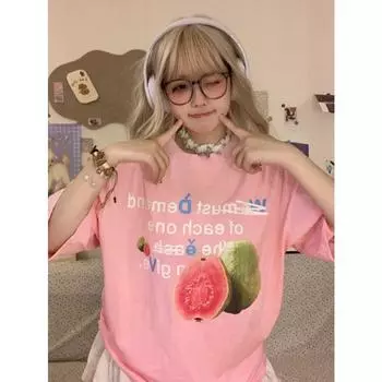 Футболка свободного покроя с принтом Fruit Letter, женская, в стиле харадзюку, fairycore 00-х, y2k, гранж, готика, корейская ткань S чёрный