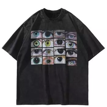 Футболка свободного покроя с принтом «Глаза» черного цвета, хлопковая футболка унисекс с длинными рукавами S чёрный