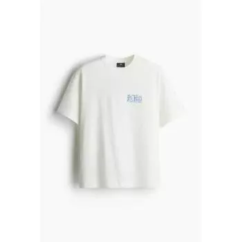 Футболка свободного покроя с принтом HM, белая, синтетическая XS