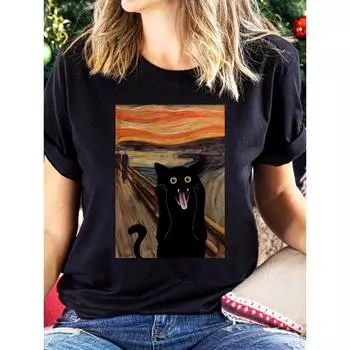 Футболка свободного покроя с принтом «Испуганный кот» из хлопка с круглым вырезом, женская, повседневная, с короткими рукавами, летняя, модная, женская, уличная, модная S