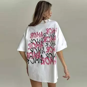 Футболка свободного покроя с принтом в виде букв, женская летняя модная свободная футболка с коротким рукавом и круглым вырезом, повседневные женские топы S белый