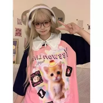 Футболка свободного покроя с рисунком кота и мультяшным принтом, симпатичная футболка в стиле харадзюку, феерия 2000-х, 2000-х годов, гранж, кавайная, эстетика, корейская ткань S розовый