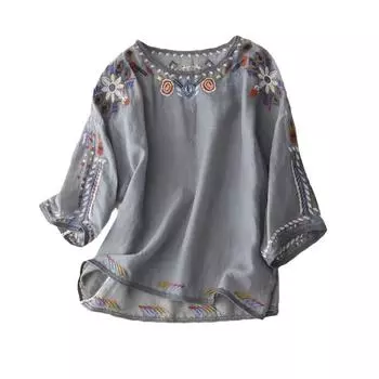 Футболка свободного покроя в этническом стиле с вышивкой и простым элегантным темпераментом, летняя свободная универсальная рубашка больших размеров M белый