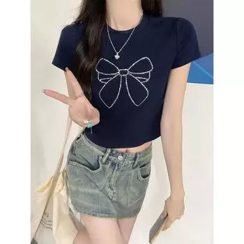 Футболка темно-синего цвета с круглым вырезом и принтом «горячий бриллиант» на правом плече с короткими рукавами для женщин, летняя, облегающая, укороченная, топ bm S