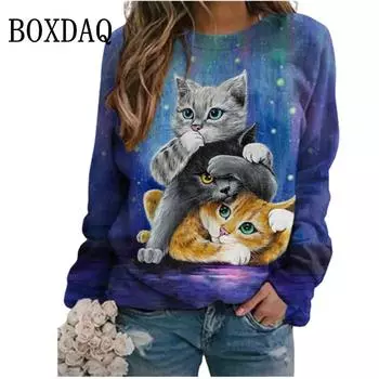 Футболка Tie Dye Funny Women Cats на осень 2022 года, пуловер с длинным рукавом, модные топы, уличная одежда, повседневная зимняя одежда больших размеров S