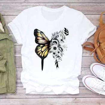 Футболка-топ футболка модная одежда женская бабочка 90-х годов тренд милый принт леди женская одежда с коротким рукавом с принтом футболка повседневная футболка с мультяшным рисунком S белый
