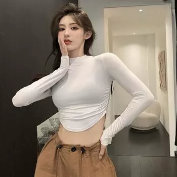 Футболка Топ Короткий стиль с воротником половинного цвета, сплошной цвет L