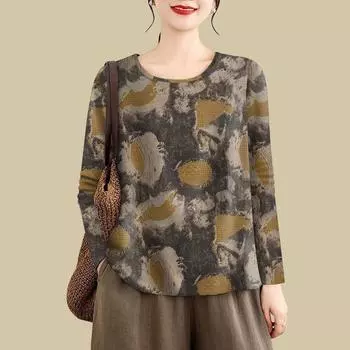 Женские футболки Топы Блузка Оверсайз Удобная Эластичная Футболка с Длинным Рукавом Круглый Вырез Свободные Топы M