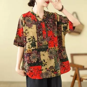 Футболка Топы Женская Хлопковая Летняя Футболка Большого Размера V-образный Вырез Свободный Печатный Повседневный Пуловер Льняная Футболка Топ L красный