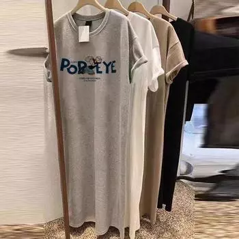 Футболка-юбка из чистого хлопка светло-серого цвета с короткими рукавами выше колена, летнее женское свободное повседневное платье большого размера с открытыми плечами спереди, средней и длинной длины M