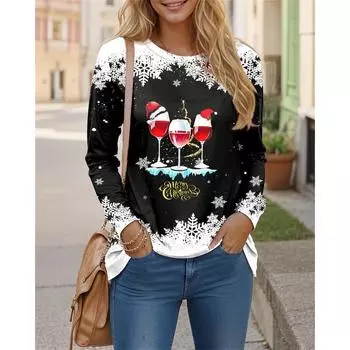 Футболка Ugly Christmas, женская футболка с черно-белым котом, 3D-принт с длинным рукавом, забавный топ с круглым вырезом на тему выходного дня S