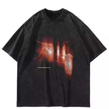 Футболка уличная черная с принтом пламени, хлопковая, унисекс, свободного покроя, летняя, с короткими рукавами S чёрный