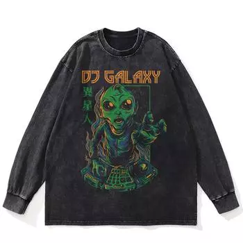 Футболка уличная DJ ET Graphic Washed Black, хлопковая, унисекс, большие размеры, длинные рукава, футболка S чёрный