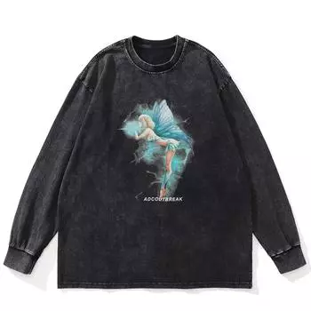 Футболка уличная Genie Graphic Washed Black, хлопковая, унисекс, большие размеры, длинные рукава, футболка S чёрный