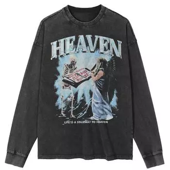 Футболка уличная Heaven Graphic Washed Black, хлопковая, унисекс, топы, футболки, большие размеры, длинная футболка S чёрный