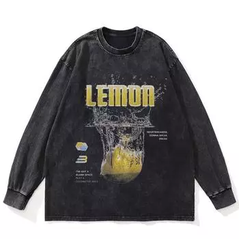 Футболка уличная LEMON Graphic Washed Black, хлопковая, унисекс, большие размеры, длинные рукава S чёрный