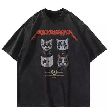 Футболка уличная, оба размера, с рисунком кошек, черная, хлопковая, унисекс, свободного покроя, летняя, с короткими рукавами S чёрный