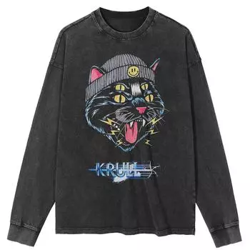 Футболка уличная Phantom Cat Washed Black, хлопковая, унисекс, топы, футболки, большие размеры, длинная футболка S чёрный