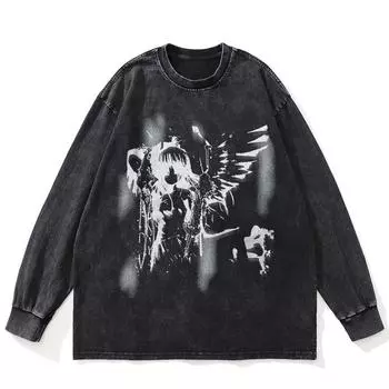 Футболка уличная японская с рисунком ангела из мультфильма, черная, стираная, хлопковая, унисекс, большие размеры, с длинными рукавами S чёрный