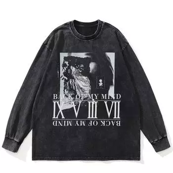 Футболка уличная с абстрактным графическим принтом черного цвета, хлопковая, унисекс, большие размеры, длинные рукава, футболка M чёрный